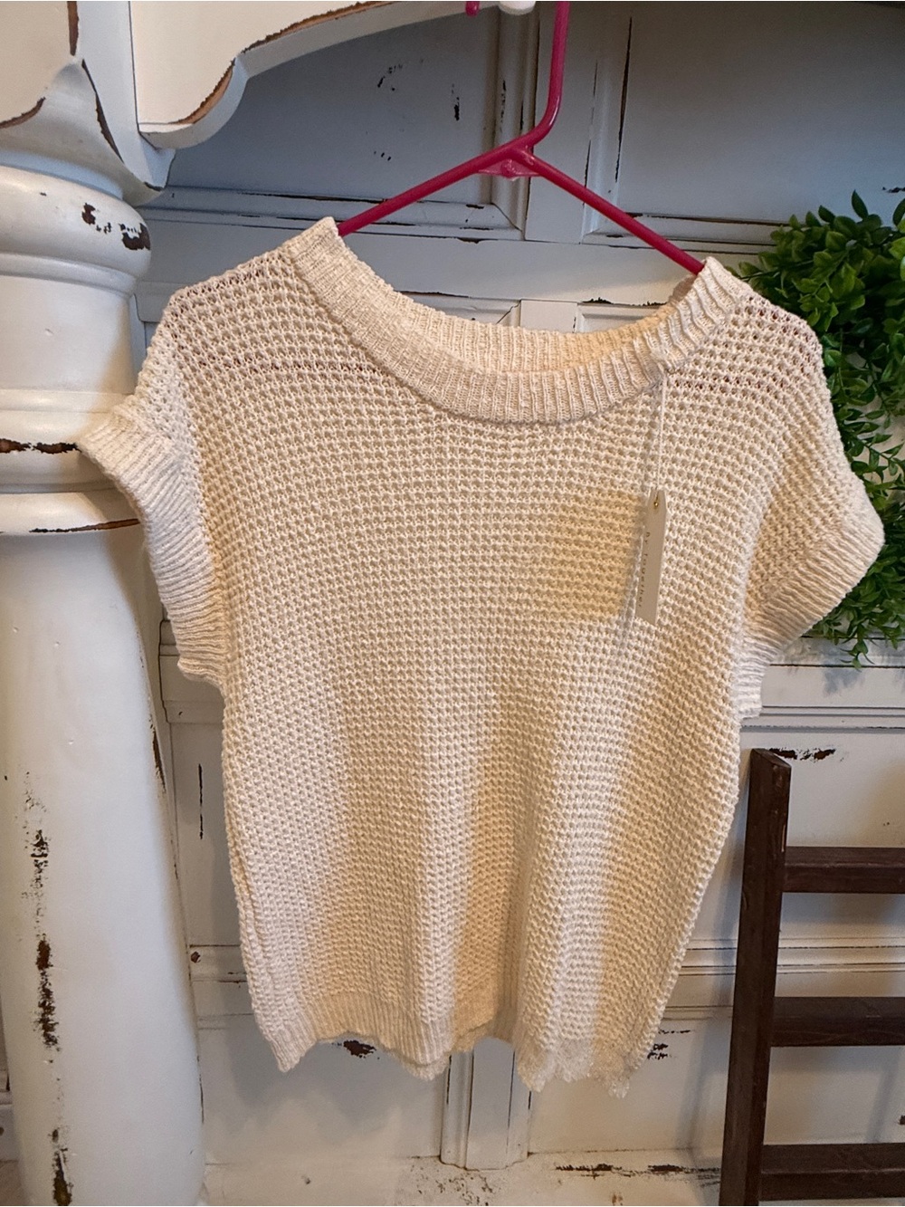 By Together Cream Short-Sleeve Waffle Knit Sweater